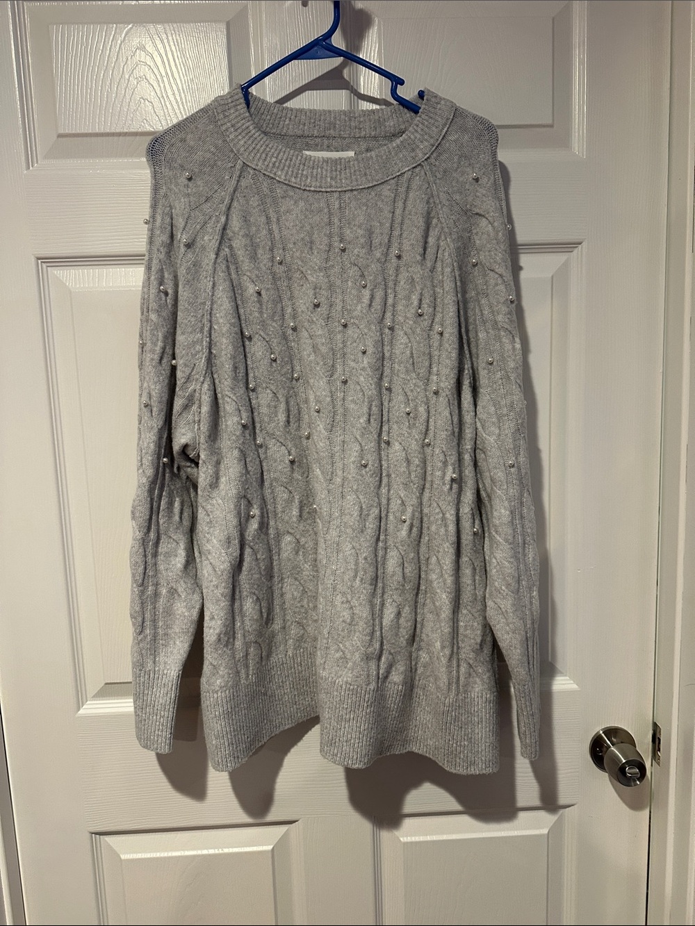 aerie Light Gray Cable-Knit Sweater with Pearl Details